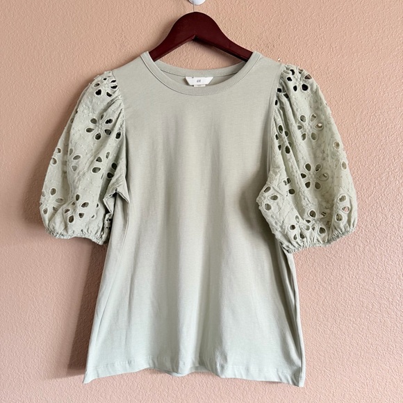 H&M Tops - H&M Light Green Eyelet Puff Sleeve Top Size Small